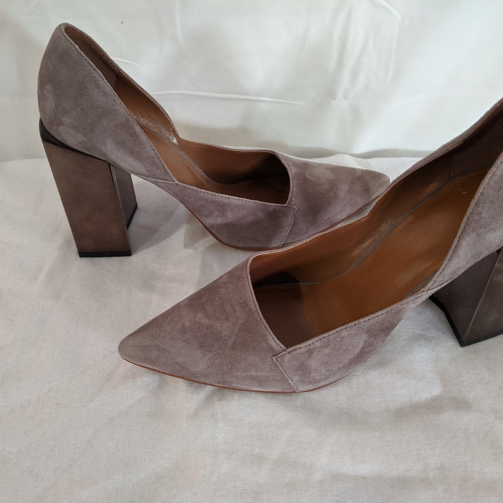 Halston Heritage Taupe Suede Pointed Block Heel Pumps
